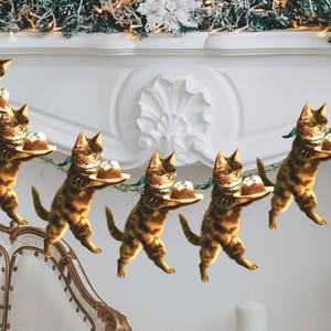 Vintage Cat Christmas Pudding Garland, Printable Mamelok Christmas decorations, green Ribbon bow  Figgy Pudding Wreath, Retro Christmas jpeg