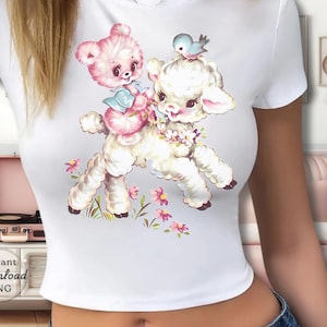 Clipart de cordero vintage y osito de peluche rosa, animales peludos retro, calcomanía kitsch para guardería, adorables ositos de peluche de Pascua de los años 50 para descargar digitalmente.