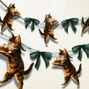 Vintage Cat Figgy Pudding Garland, Christmas emerald green Coquette Bow printable Mamelok decorations, Retro Cat Banner Digital Download