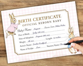 Printable Reborn Doll Birth Certificate, Peter Rabbit, Dolls Adoption COA, Flopsy Bunny, Reborn Doll Roleplay props, A5 cert commercial use