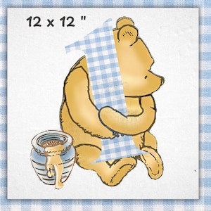 Ourson ours 1 an PNG, conception imprimable Vichy bleu Winnie l'ourson Clipart anniversaire garçon, coquette de bébé classique sublimation grand millénaire
