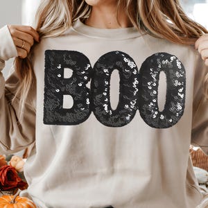 Boo Sequin PNG, Faux embroidery patch textured glitter effect Halloween Sublimation design, Free Commercial Reuse on POD, spooky Boo sparkle