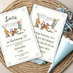 Plantilla de invitación de cumpleaños de Winnie the Pooh / Fiesta de cumpleaños para niños / Tarjeta editable clásica de Pooh en Canva / Rima de cumpleaños personalizada