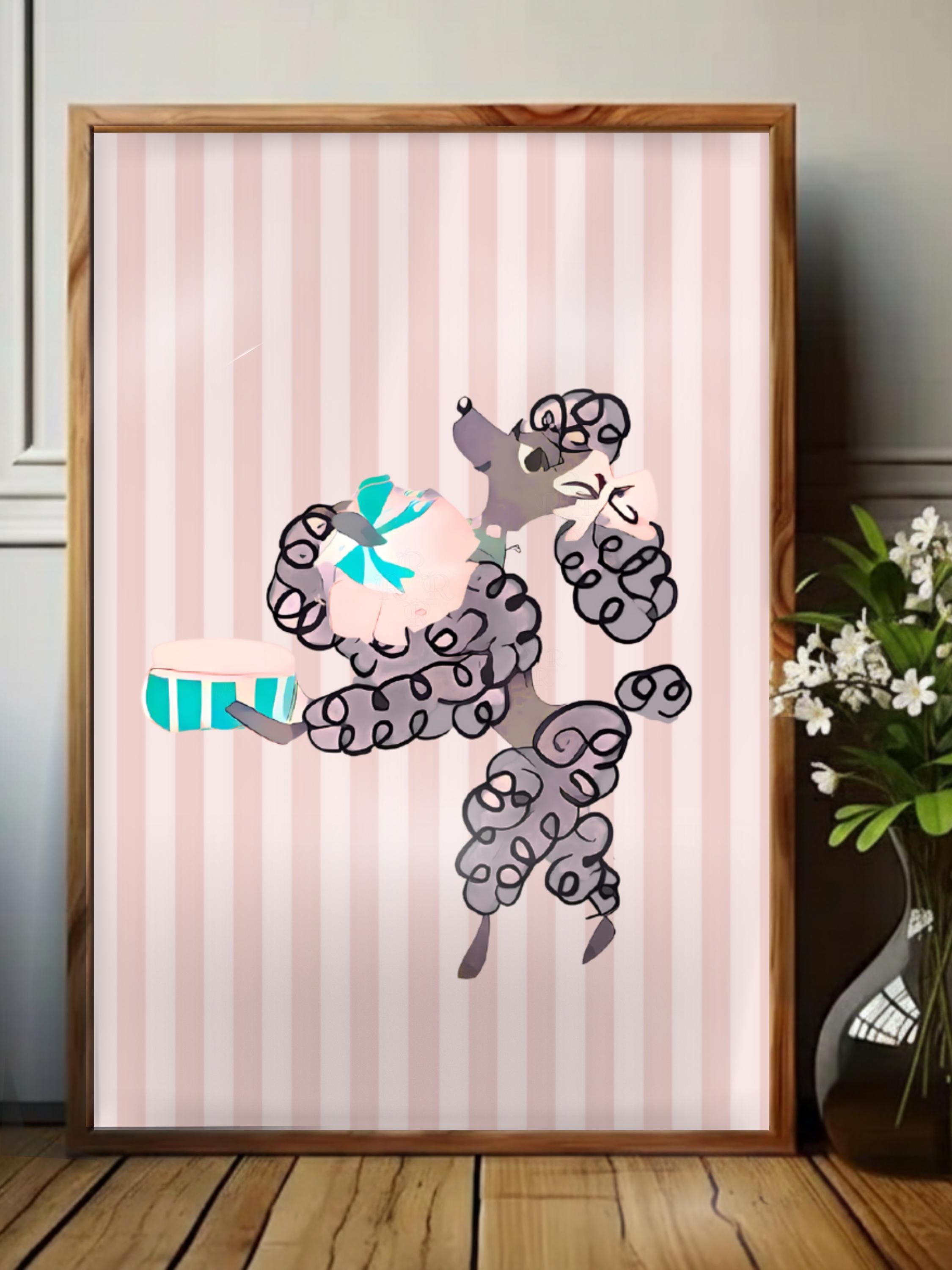 Pink Poodle Powder Room Wall Art, 1950s Vintage Wallpaper, Girl