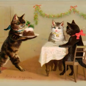 May include: A brown tabby cat wearing a blue bow tie carries a plate with a Christmas pudding on it. Two other cats, one white with a gold collar and one black with a red bow, sit at a table set with a white tablecloth. The scene is set in a room with a garland of greenery and red bows hanging from the ceiling.