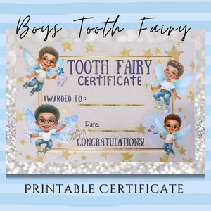 Certificado de fada do dente para meninos, prêmio de retenção, fadas do dente preto, fada do dente menino, fadas afro-americanas, brindes de letras mágicas para impressão