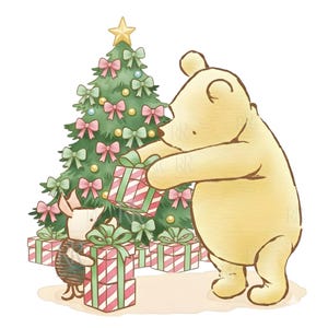 May include: A watercolour-style illustration of a light yellow bear and a small pink pig standing before a green Christmas tree decorated with pink and light green bows and yellow ornaments, while both figures hold red and white striped gift boxes.