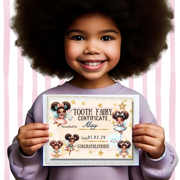 Black Tooth Fairy Certificate African American Fairies first  tooth Afro hair cute fairies printable award Free Gift from the tooth fairies