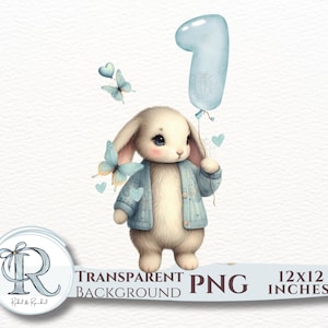 Boys First Birthday Bunny Clipart, Cute Rabbit 1st Birthday Baby Boy PNG, number 1 balloon, watercolor digital download, baby boy age 1 PNG