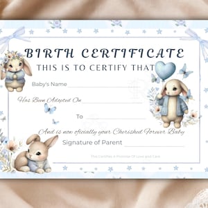 Reborn Baby Doll Birth Certificate, Watercolor Bunny (Printable)