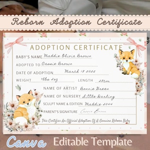 Plantilla de certificado editable para bebé renacido, muñecas reborn para imprimir, certificado de nacimiento de Canva, lindo cachorro de zorro, renacido realista, cabaña de campo