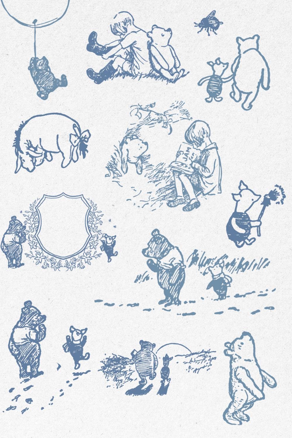 Modern Pooh Graphics Winnie the Pooh Toile PNG Bundle, Classic Pooh Bear Graphics Digital ...