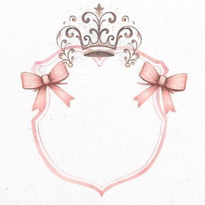 Clipart stemma rosa, cornice fiocco Grandmillennial PNG, stemmi a sublimazione pastello Coquette, design stampabile dipinto a mano Princess Tiara, preppy