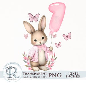 Mädchen erster Geburtstag Bunny Clipart, niedliches Kaninchen 1. Geburtstag Baby rosa PNG, Nummer 1 Ballon, Aquarell digitaler Download, Alter 1 PNG