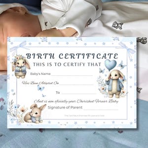 Reborn Baby Doll Geburtsurkunde, Printable Adoption Urkunden Baby Junge realistische Silikon Neugeborenen Puppen, Cottagecore Hase Kinderzimmer