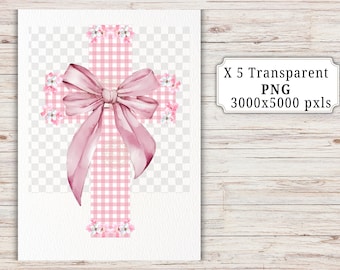 Pink Baptism Cross Clipart, Coquette Bow, Gingham PNG (Digital Download)