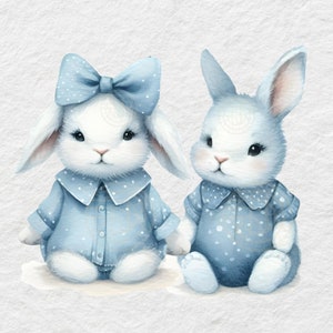 Ostern Hase Kaninchen Baby PNG Clipart Bündel blau Bruder Schwester Zwillinge kokett Bögen handbemalt Aquarell transparent PNG kommerzielle Nutzung