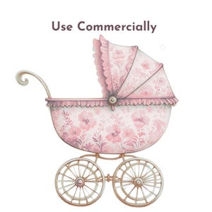 Könnte beinhalten: Ein rosafarbener Vintage-Kinderwagen mit floralem Muster. Er hat einen gebogenen Griff, ein gerüschtes Verdeck und Speichenräder. Der Text "Use Commercially" steht oben.
