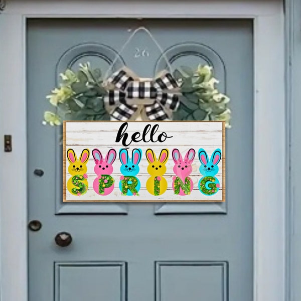 Hello Spring Sign Easter Bunny Door Plaque Printable Easter Decor Rainbow Rabbits Hello Spring Wreath Plaque Faux Wood Easter sign digital