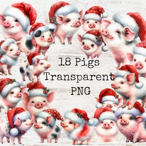 Paquete de imágenes prediseñadas de cerdos de Navidad en la granja, cerditos imprimibles, cerdos extravagantes, gorros de Papá Noel, sublimación de cerditos lindos, granja PNG transparente