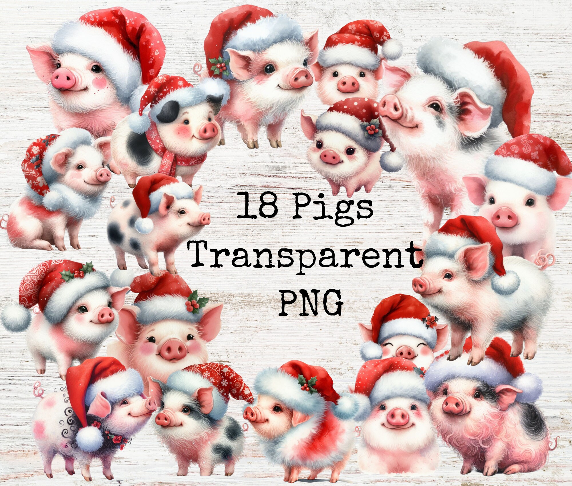 Christmas at the Farm Pigs Clipart Bundle, Printable Piggies, Quirky Pigs, Santa Hats, Cute ...