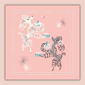 Stampa artistica vintage con barboncino, stampabile con fiocco rosa Coquette, festa di coccole per cani, arte murale preppy, poster retrò anni '50 con barboncini, download immediato