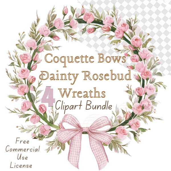 Pink Coquette Dainty Rose Wreath Clipart Bundle, Grand millennium Decor, Transparent Floral Frames PNG, Girl Gingham Bow Watercolor Subli