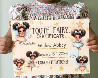 Certificat de fille noire fée des dents imprimable, modèle de toile modifiable, prix des fées afro-américaines, premier souvenir de dent perdue, cadeaux gratuits