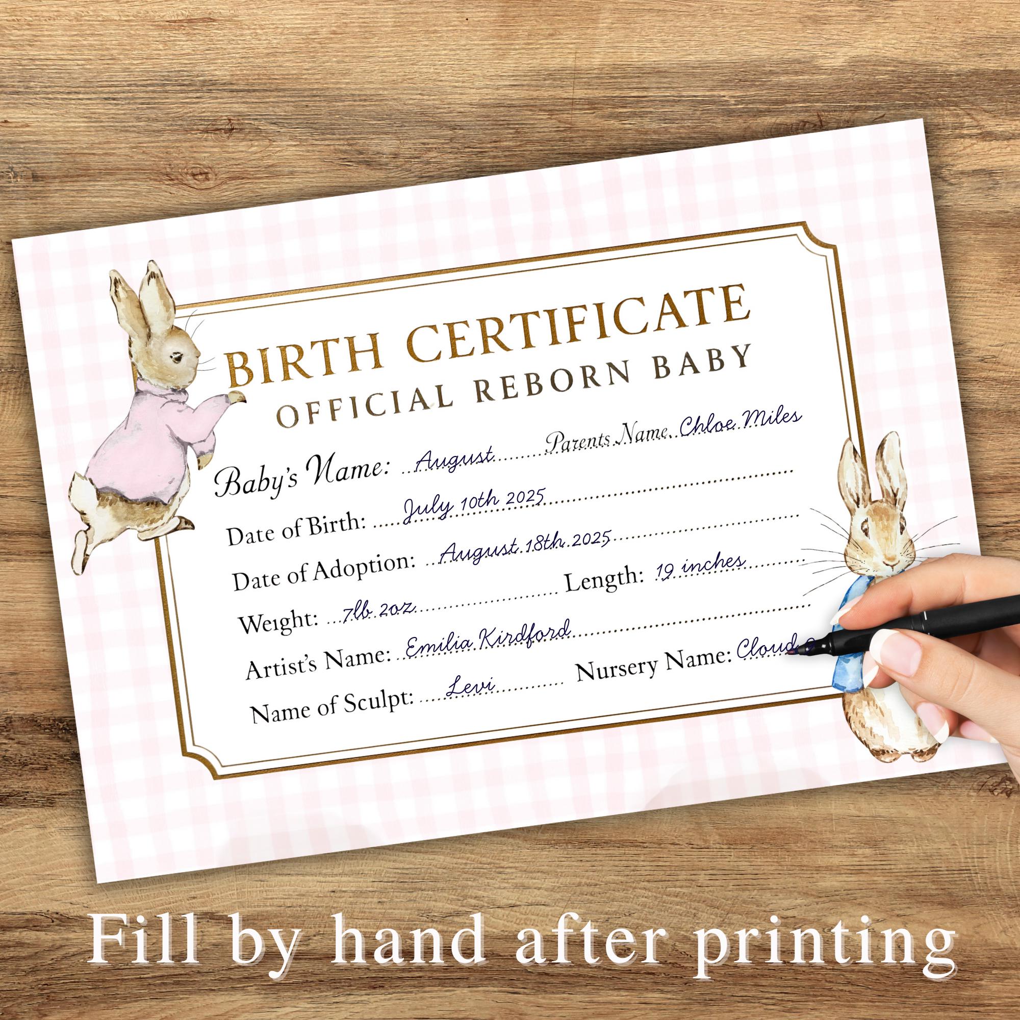 Printable Rabbit Birth Certificate Printable Reborn Doll Birth Certificate, Peter Rabbit, Dolls Adoption ...