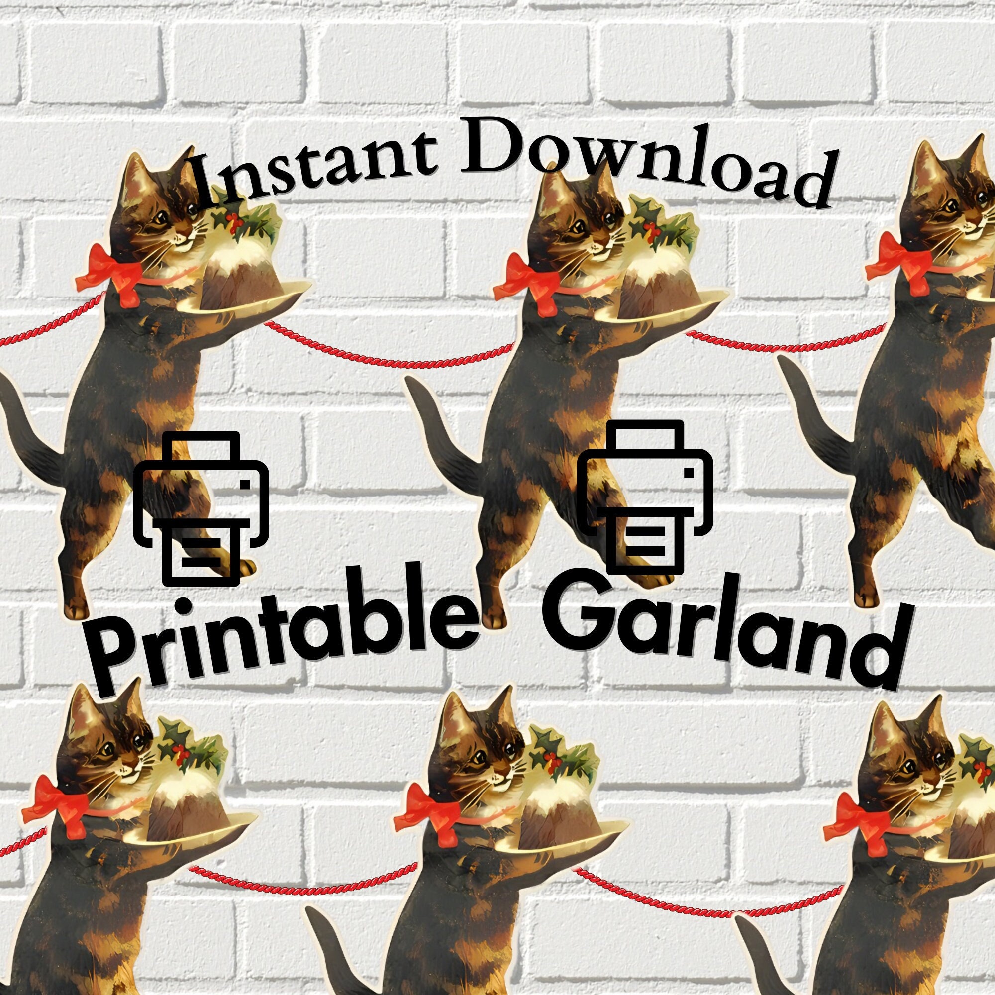 Vintage Cat Christmas Pudding Garland, Printable Mamelok Garland, Red