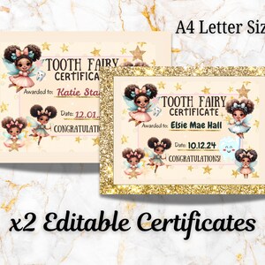 Black Tooth Fairy Certificate African American Fairies Editable in Canva first tooth Afro hair cute fairies printable award Free Gift DIY