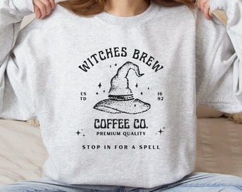 Witches Brew Coffee Company Crewneck Sweatshirt, Coffee/Tea Shop Halloween Sweatshirt, Broomstick Cute Fall Autumn Crewneck