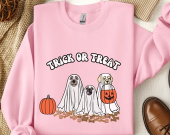 Dog Trick or Treat Unisex Crewneck Sweatshirt, Dog Lover Halloween Gifts, Pumpkin Season Sweatshirts, Dog Ghost Costume Halloween Crewnecks