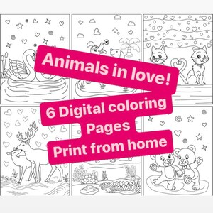 Animals with hearts and Love 6 Print from home Digital Coloring Pages for kids