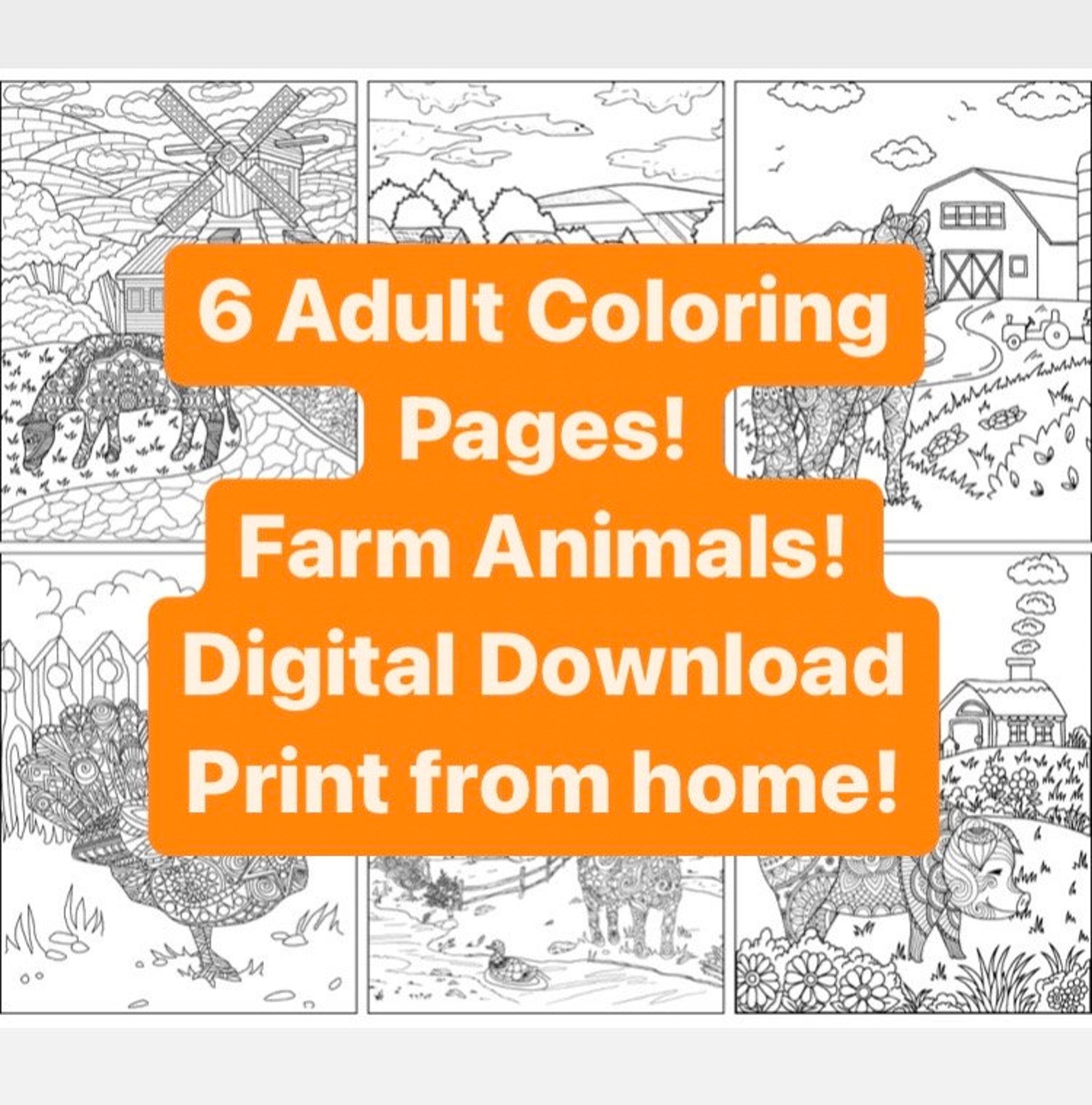 6 Adult Coloring Pages Farm Animals Digital Download - Etsy