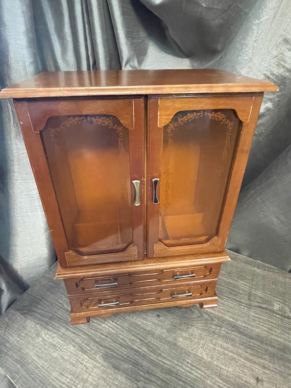 Vintage Mele Wood Jewelry Armoire Etched Glass Box
