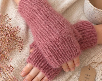 Guantes sin dedos tejidos a mano, calentadores de brazos de suave hilo Nako Paris, mitones de invierno acogedores.