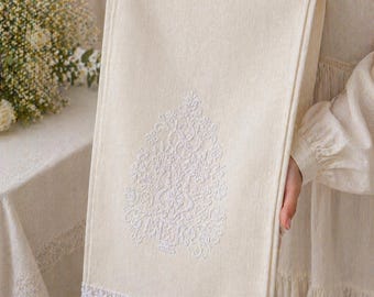 Minimalist Ukrainian Wedding Rushnyk,White  on Ivory  Embroidery, Linen Blend Ceremony, Handfasting Ritual Decor