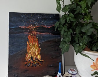 Acrylic painting "Bonfire on the shore of the night lake".  Landscape painting "Sunset".  Scenery.