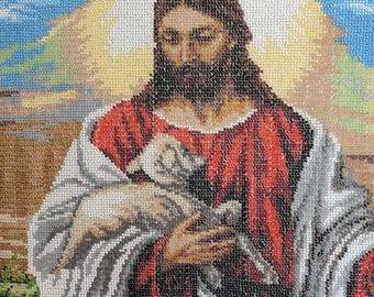 Cuadro decorativo de pared bordado con cuentas "Buen Pastor", icono cristiano, decoración espiritual, cuentas checas, 55 x 71 cm