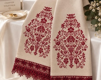 Wedding Rushnyk, Traditional Ceremony Towel, Burgundy Embroidery, Linen Wedding Towel, Korovai Cloth,  Wedding Decor