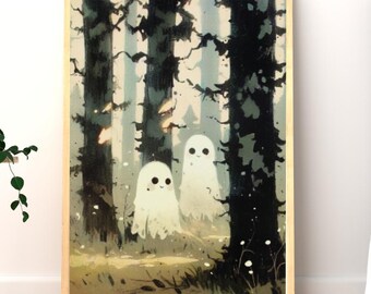Cute Ghosts in the Woods Giclée Art Print, Cottagecore Forestcore Wall Decor Art, Cozy Spooky Season Decor, Whimsical Halloween Home Gift