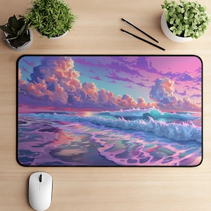 Glowing Sunset Beach Desk Mat, Pastel Ethereal Ocean Mouse Pad, Calming Tranquil Vacation Tech Deskmat, Peaceful Coastal Office Gift