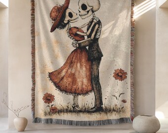 Day Of The Dead Couple Woven Blanket, Romantic Wedding Gift Til Death Do Us Part, Dia De Los Muertos Skeleton Lovers Cozy Home Decor Throw