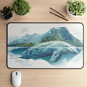 Whale and mountain silhouette desk mat, oceanic forestcore aesthetic mouse pad, water nature tech gift for sea lovers, nautical decor