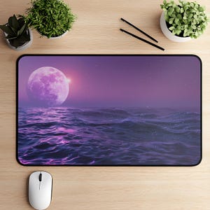 Purple Full Moon Ocean Desk Mat, Magical Nighttime Beach Mouse Pad, Calming Tranquil Ethereal Vacation Tech Deskmat Office Gift