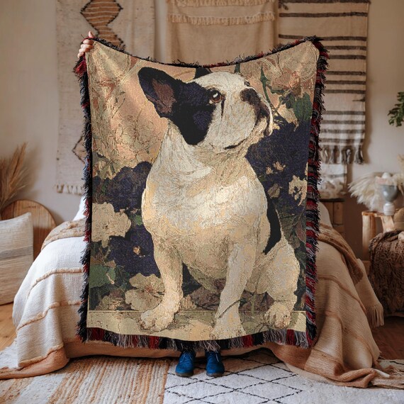 French Bulldog Woven Blanket, Cute Puppy Dog Throw Blanket, Cozy