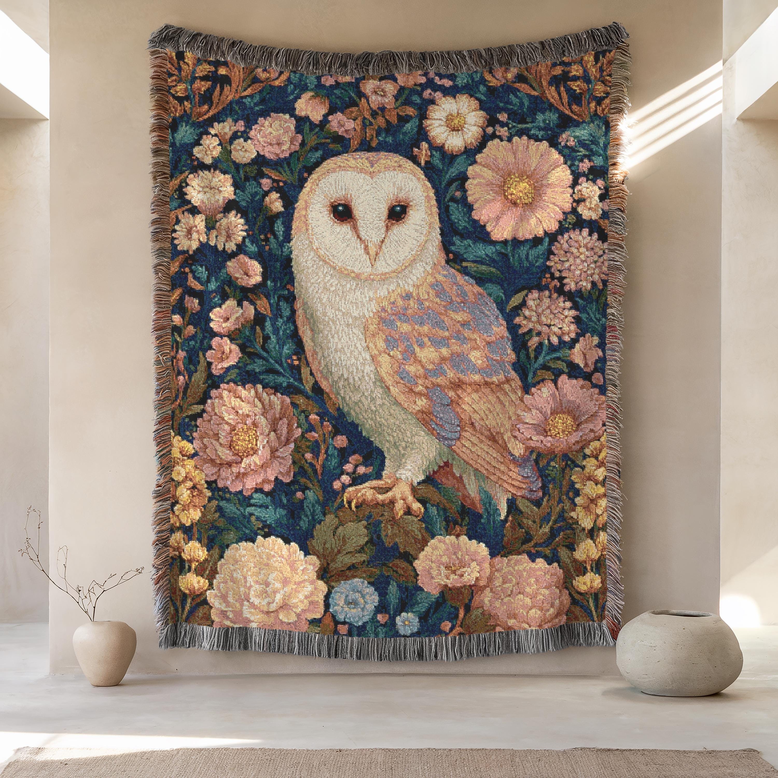 Owl Floral Woven Blanket, William Morris Style Throw, Romantic Bird Lap Blanket, Cottagecore Forestc