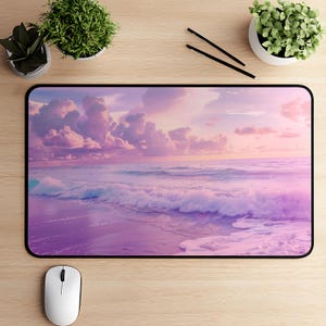 Pastel Beach Desk Mat, Purple Ocean Waves Mouse Pad, Ethereal Sunrise Deskmat, Romantic Coastal Tech Pad, Aesthetic Office Gift