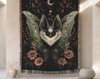 Dark Forest Bat Woven Blanket, Moonlit Forestcore Gothic Throw, Cottagecore Goblincore Witchy Gift, Nighttime Floral Home Decor Blanket
